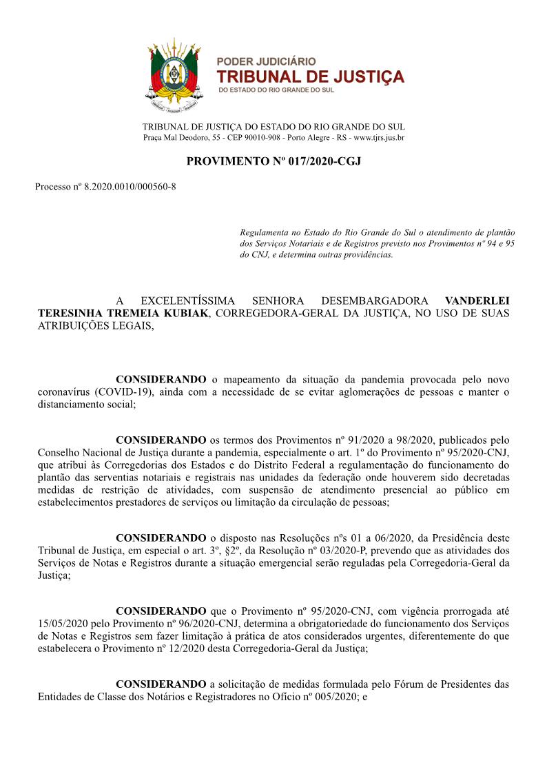 Provimento º 17/2020 CGJ/RS img1